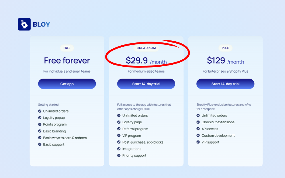 BLOY loyalty program: Like a Dream plan at $29.9/month