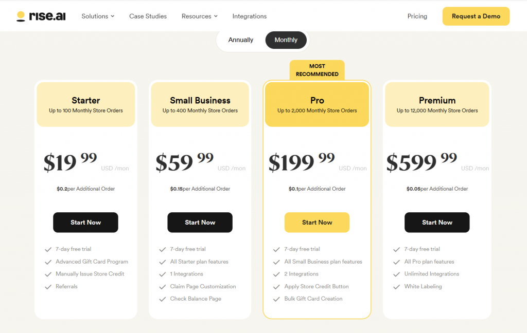 Rise.ai loyalty program pricing